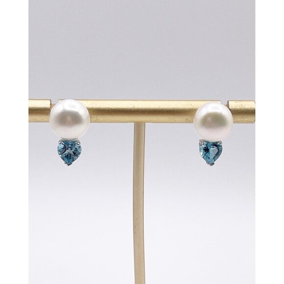 Sterling Silver 925 Pearl & Aquamarine Heart Earrings TIL China Romantic Jewelry - Picture 1 of 9